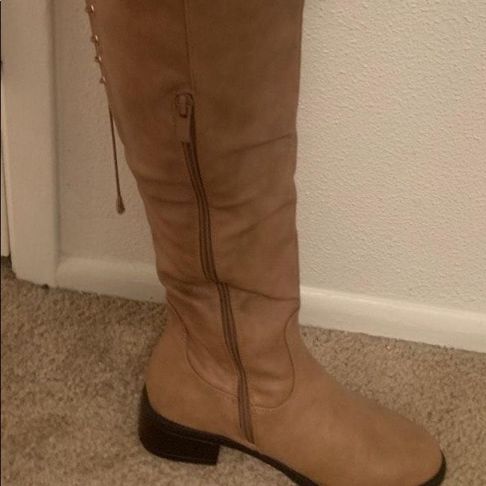 Tan knee high faux leather boots
